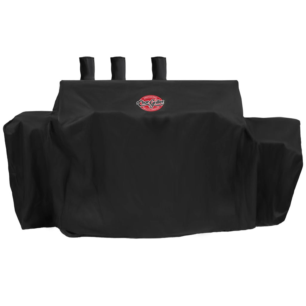 Dual fuel grill cover. Cover has 3 tubes for chimney covers, a section to the left to cover the side shelf, and an expandable area to the right to cover the side fire box.