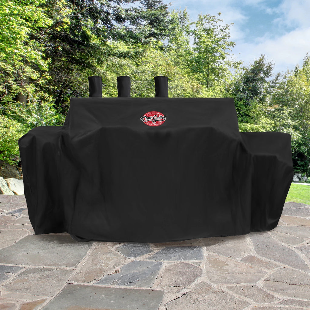 Grill Cover 8080 covers a grill with a side fire box on an outdoor patio