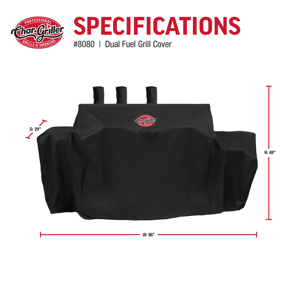 Dual Fuel Grill Cover 8080 specifications: height: 48 inches, width: 86 inches, depth: 29 inches.