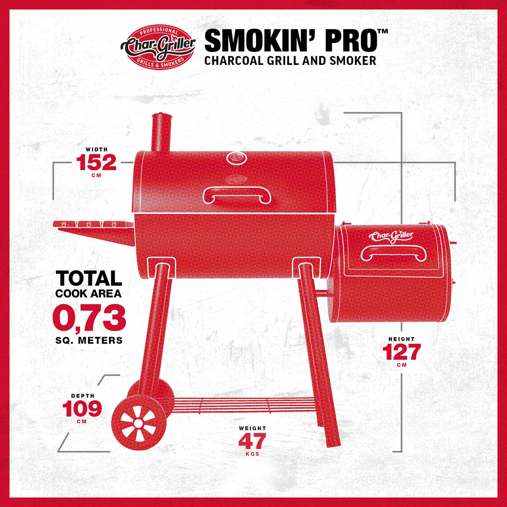 Smokin' Pro specs. Width: 152 cm. Height: 127 cm. Depth: 109 cm. Weight: 47 kg. Total cook area: 0,73 m².
