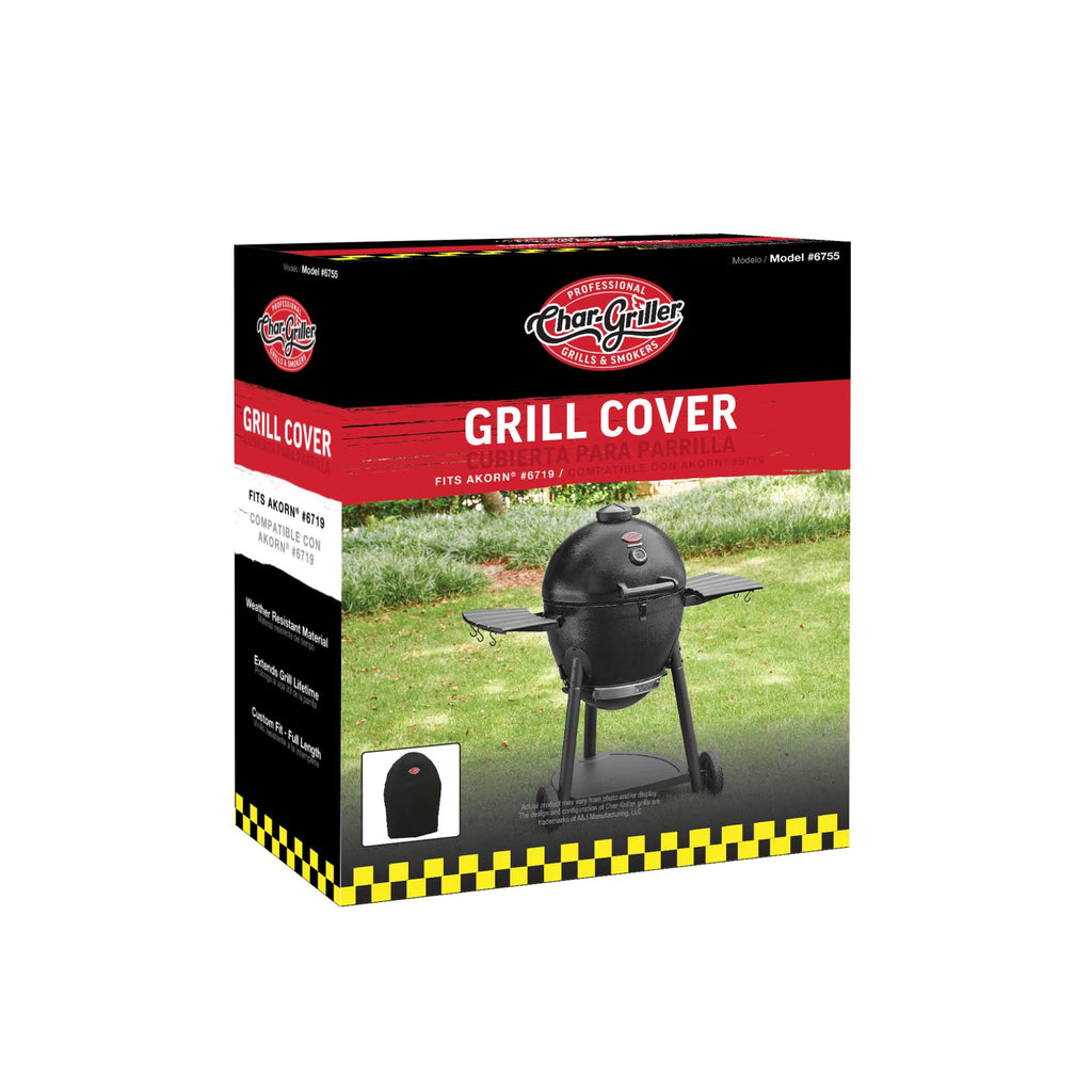 Char-Griller grill cover retail packaging box shown on a plain white background. The box is black with a large red 'GRILL COVER' banner and a photo of the black AKORN grill on grass.
