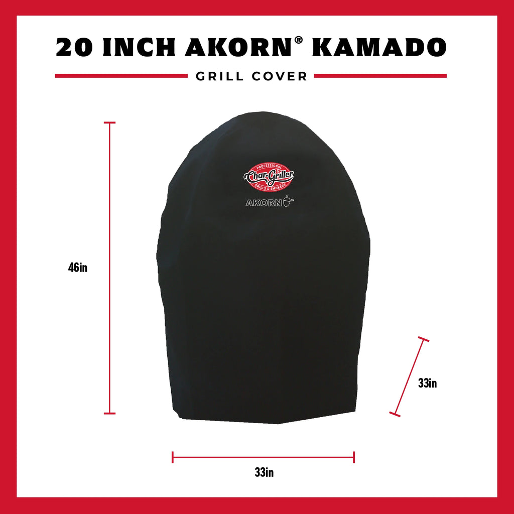 Black grill cover shown on a white background with red measurement lines and text indicating dimensions: 46 inches tall, 33 inches wide, and 33 inches deep. The cover has a visible Akorn logo on the front.