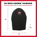 Black grill cover shown on a white background with red measurement lines and text indicating dimensions: 46 inches tall, 33 inches wide, and 33 inches deep. The cover has a visible Akorn logo on the front.