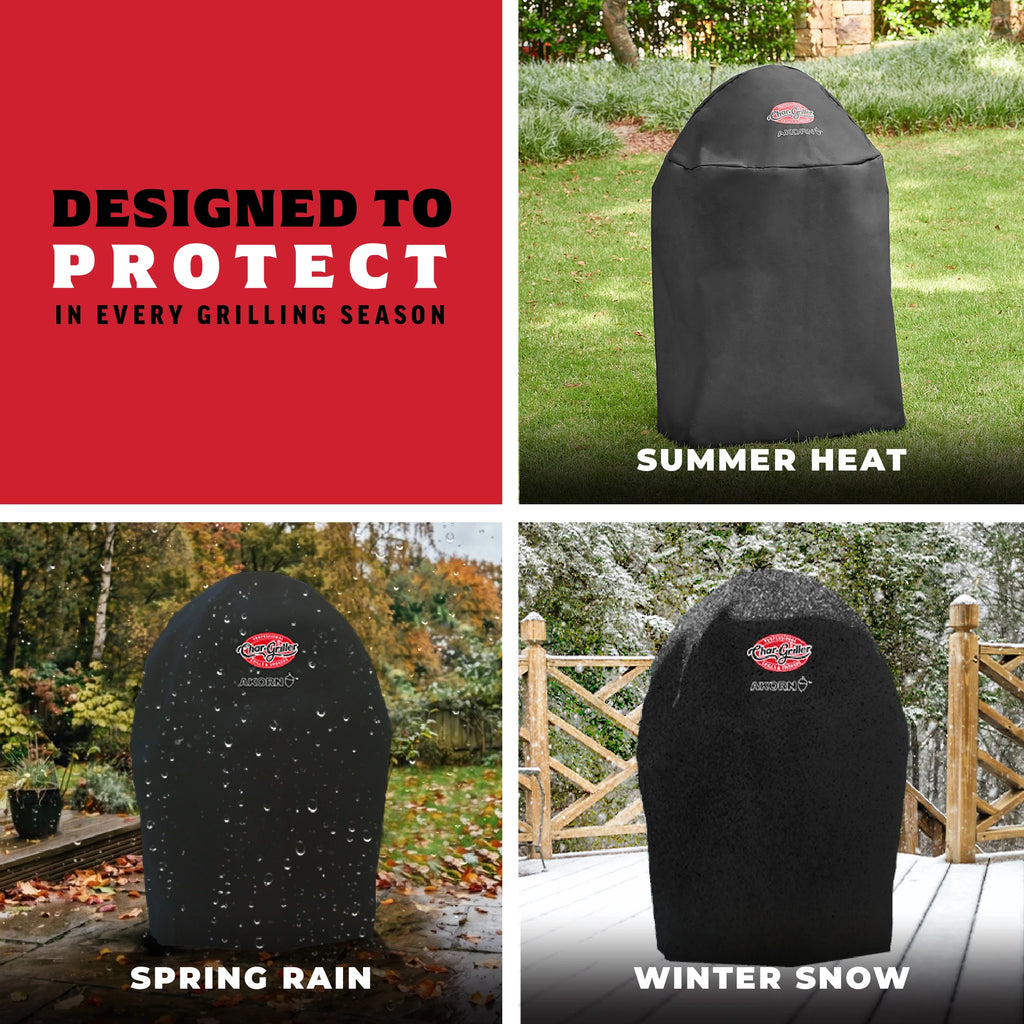 A four-panel marketing graphic for a black outdoor grill cover. The top-left red panel reads 'DESIGNED TO PROTECT IN EVERY GRILLING SEASON.' The other 3 panels show the cover over a grill in summer heat, spring rain, and winter snow.