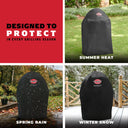 A four-panel marketing graphic for a black outdoor grill cover. The top-left red panel reads 'DESIGNED TO PROTECT IN EVERY GRILLING SEASON.' The other 3 panels show the cover over a grill in summer heat, spring rain, and winter snow.