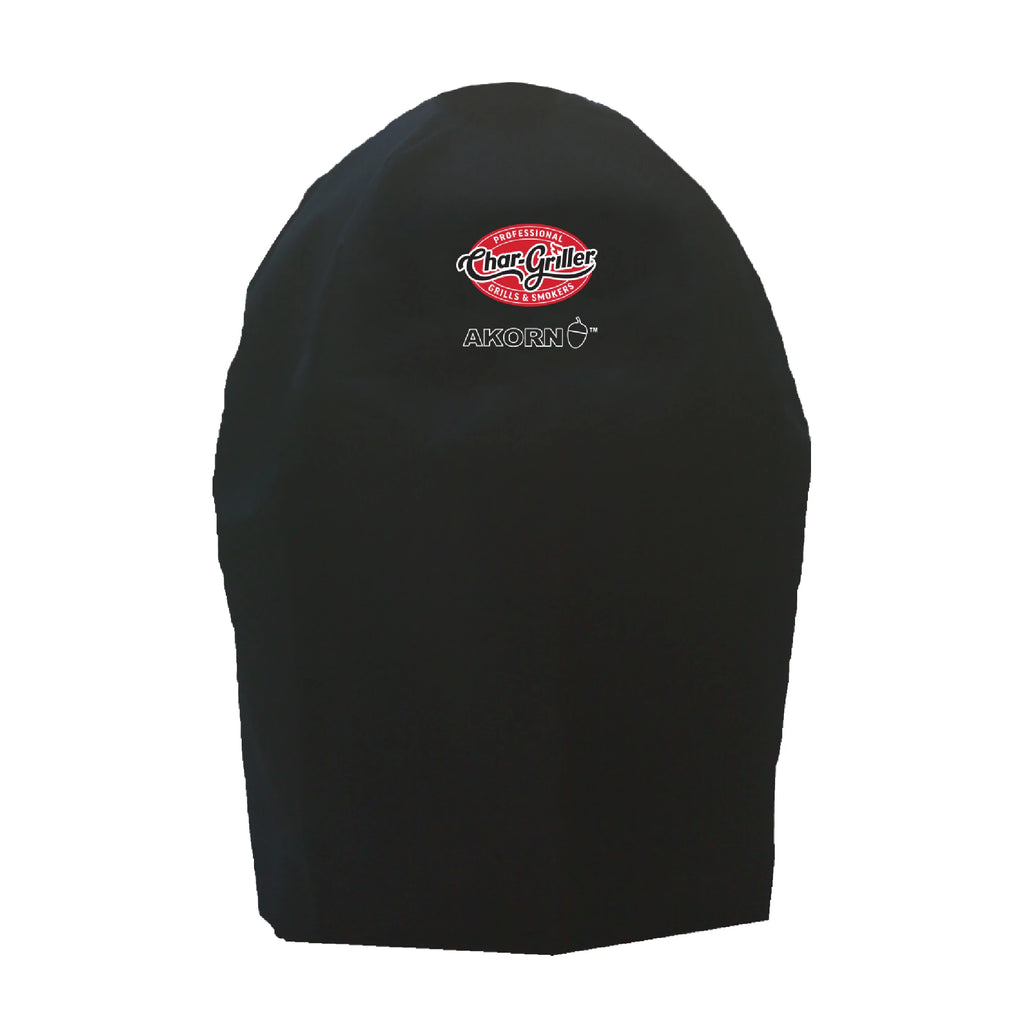 A black AKORN grill cover with a AKORN name and logo done in white outline with a and red and white Char-Griller logo above it.