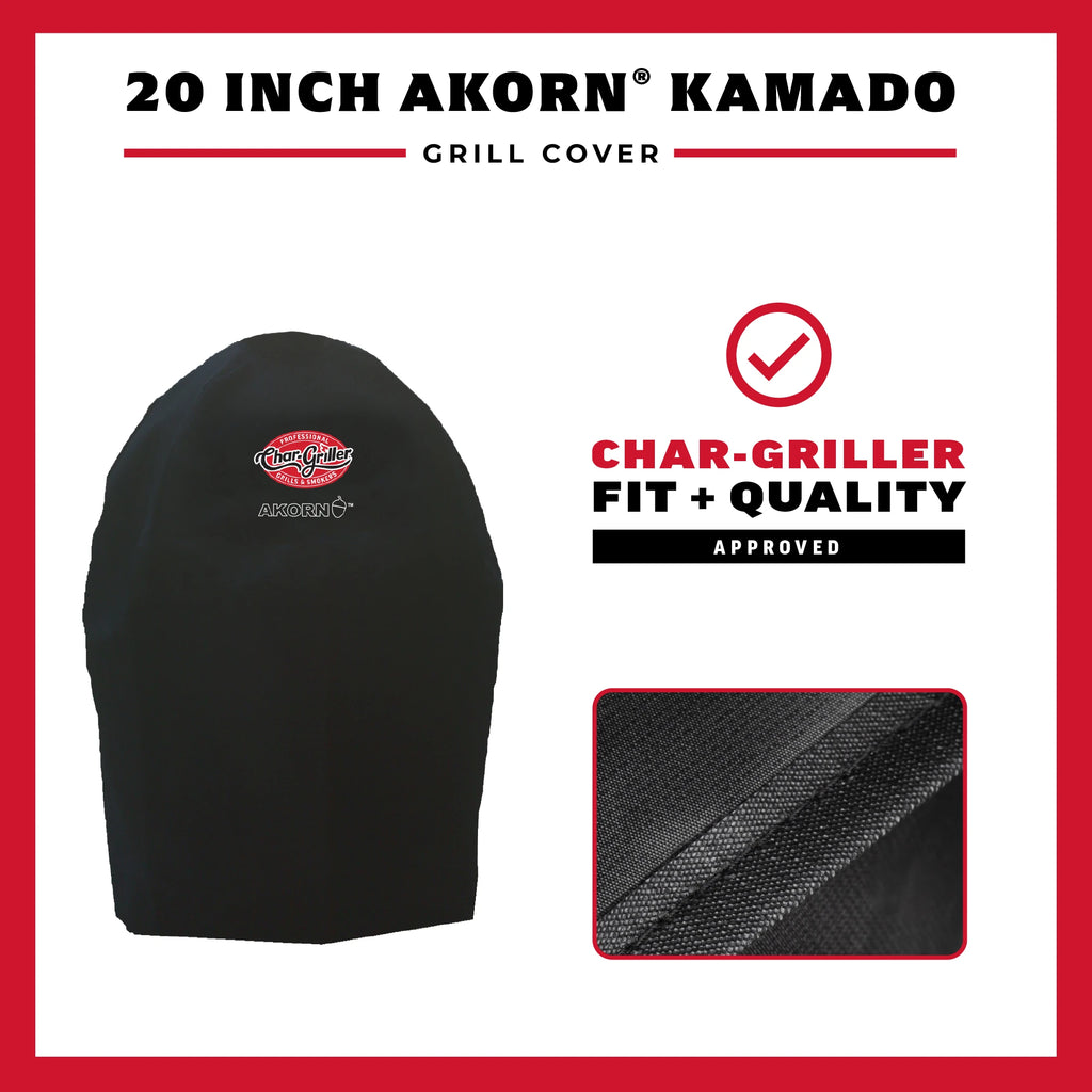 Black Akorn Kamado grill cover shown on a white background with red border, featuring product name, a charcoal-griller fit and quality badge, and a close-up fabric texture inset.