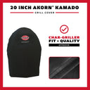 Black Akorn Kamado grill cover shown on a white background with red border, featuring product name, a charcoal-griller fit and quality badge, and a close-up fabric texture inset.