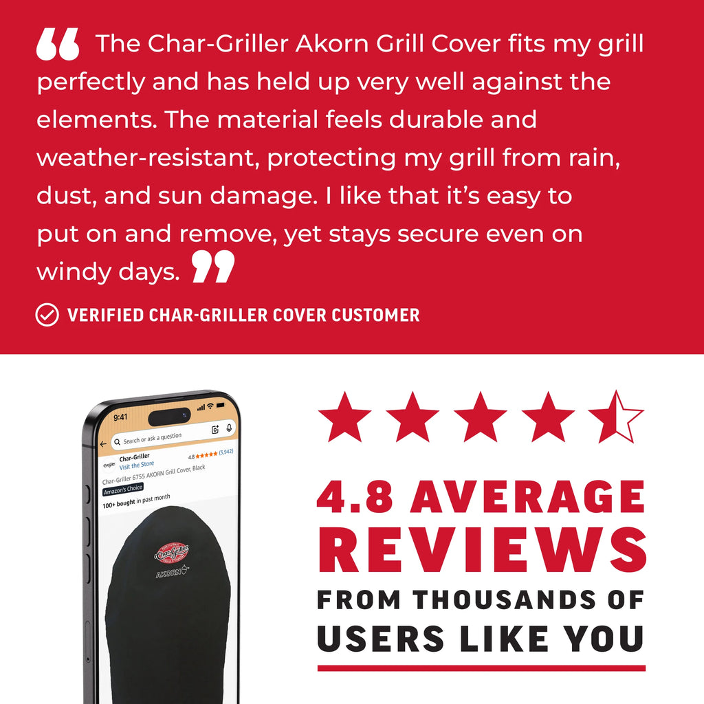 Promotional graphic for a Char-Griller grill cover, featuring a customer review quote at the top, a phone mockup showing the cover in use, and a 4.8 star average reviews badge.