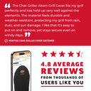 Promotional graphic for a Char-Griller grill cover, featuring a customer review quote at the top, a phone mockup showing the cover in use, and a 4.8 star average reviews badge.