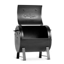 Portable grill angled slightly to make the left side and round body shape more visible. There is a round damper vent and a handle on the left side. The lid, which covers most of the top, front quarter of the grill, is open.