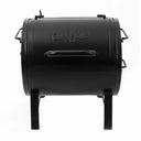 Small black barrel-style grill with 4 short legs, 1 handle on the left side, 2 handles on the right side, and one larger handle across the front of the lid. The lid is stamped with an embossed Char-Griller logo.